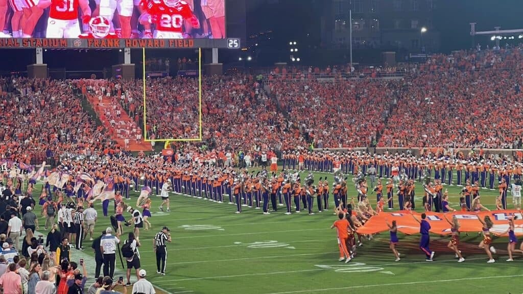 clemson running into the football stadium